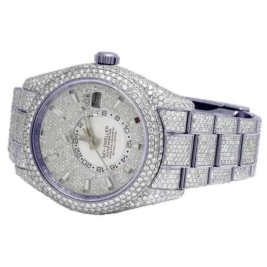 Rolex Sky Dweller 42mm Round VVS Diamond Men Watch  White Gold Plated Stainless Steel Men Watch