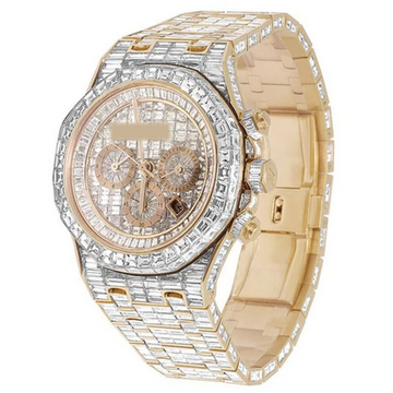 Full Iced Out VVS Baguette Diamond Men Watch, Stainless Steel All Chronology Working Rose Gold Plated 42mm Men Watch