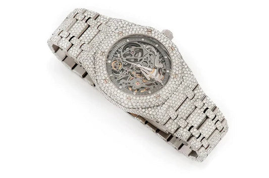 Skeleton VVS Diamond Fully Iced Out Men Watch, Stainless Steel Skeleton White Gold Plated VVS Diamond Watch For Men