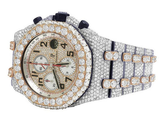 Full Iced Out VVS Diamond Men Watch, Stainless Steel All Chronology Working 2 Tone Gold Plated 42mm Men Watch