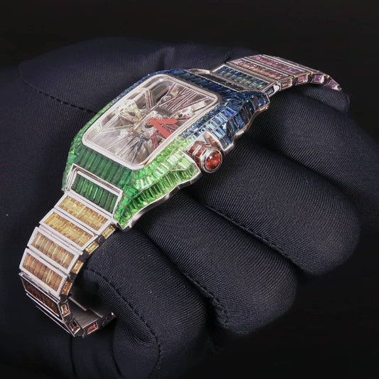 Cartier Skeleton Rainbow Sapphire Baguette Diamond Men Watch, Stainless Steel White Gold Plated Men Watch