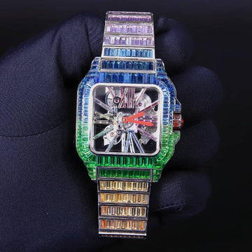Cartier Skeleton Rainbow Sapphire Baguette Diamond Men Watch, Stainless Steel White Gold Plated Men Watch
