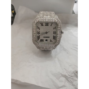 Cartier Santos Round & Baguette Moissanite Diamond Men Watch, Stainless Steel Gold Plated Men Watch
