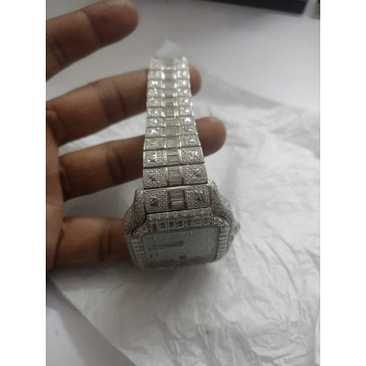 Cartier Santos Round & Baguette Moissanite Diamond Men Watch, Stainless Steel Gold Plated Men Watch