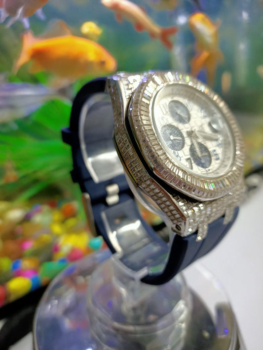 Baguette Moissanite Diamond Full Iced Out Men Wrist Watch, Silicon Band Chronograph Working Moissanite Diamond Watch For Men