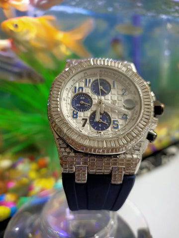Baguette Moissanite Diamond Full Iced Out Men Wrist Watch, Silicon Band Chronograph Working Moissanite Diamond Watch For Men