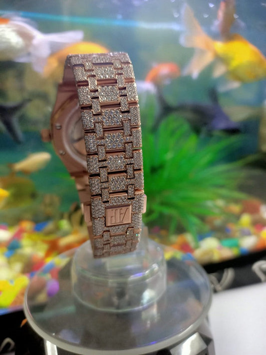 Full Iced Out Moissanite Diamond Men Watch, Stainless Steel Rose Gold Plated 42mm Men Watch