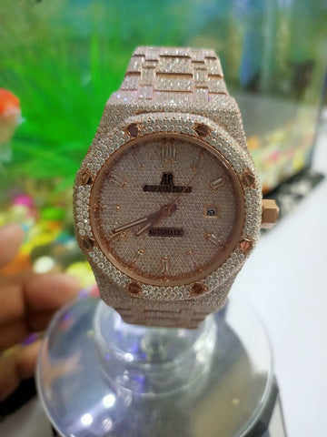 Full Iced Out Moissanite Diamond Men Watch, Stainless Steel Rose Gold Plated 42mm Men Watch