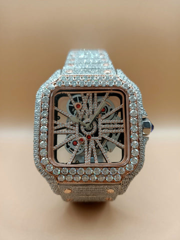 Cartier Skeleton Moissanite Diamond Men Watch, Stainless Steel White & Ross Gold Plated Men Watch For Beautyfull Person