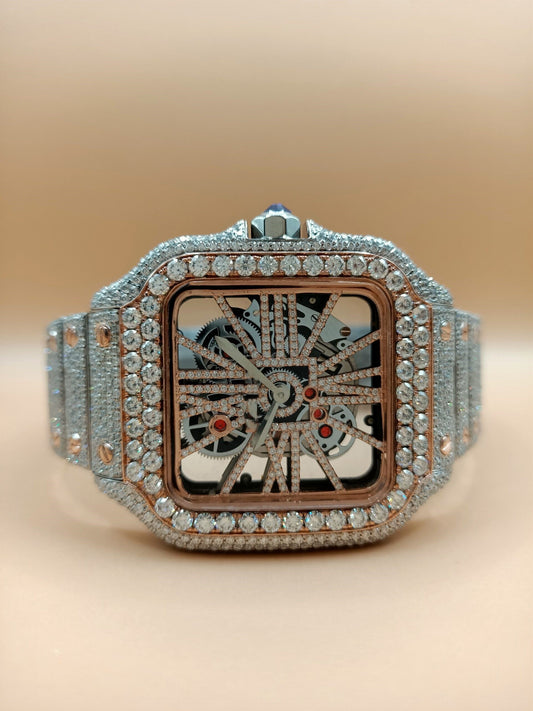 Cartier Skeleton Moissanite Diamond Men Watch, Stainless Steel White & Ross Gold Plated Men Watch For Beautyfull Person