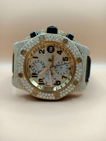 Full Iced Out Yellow & White Gold Plated Moissanite Diamond Men Watch, Silicon Blue Band All Chronology Working Men Watch