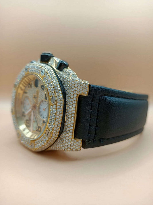 Full Iced Out Yellow & White Gold Plated Moissanite Diamond Men Watch, Silicon Blue Band All Chronology Working Men Watch
