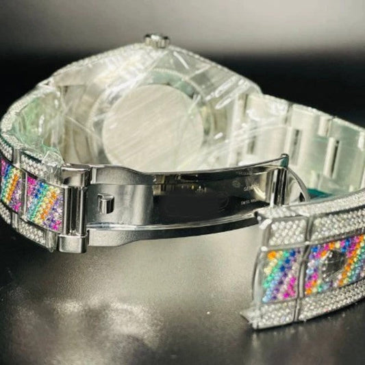 Full Iced Stainless Steel All Diamond Rainbow Watch, Gold Plated VVS Diamond Watch
