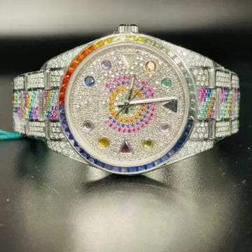 Full Iced Stainless Steel All Diamond Rainbow Watch, Gold Plated VVS Diamond Watch
