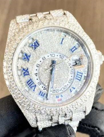 Rolex Sky Dweller 42mm Stainless Steel White VVS Diamond Watch, Gold Plated VVS Diamond Watch, Diamond Watch Birthday Gift For Him
