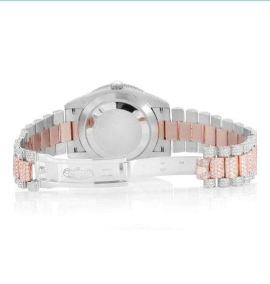 Rose & White Gold 2 Tone 42mm Round Moissanite Diamond Plated Stainless Steel Men Watch