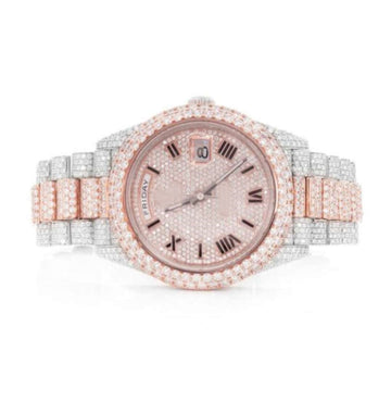 Rose & White Gold 2 Tone 42mm Round Moissanite Diamond Plated Stainless Steel Men Watch