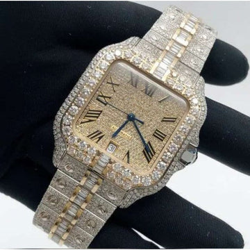 Cartier Santos Round & Prinsees Moissanite Diamond Men Watch, Stainless Steel Gold Plated Men Watch
