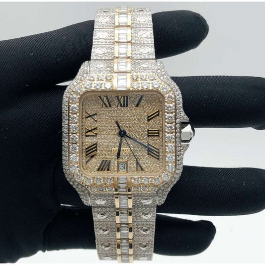 Cartier Santos Round & Prinsees Moissanite Diamond Men Watch, Stainless Steel Gold Plated Men Watch