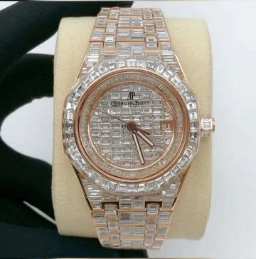 Full Iced Out Moissanite Baguette Diamond Men Watch, Stainless Steel Rose Gold Plated 42mm Men Watch