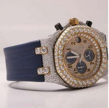 Full Iced Out Yellow & White Gold Plated Moissanite Diamond Men Watch, Silicon Blue Band All Chronology Working 42mm Men Watch