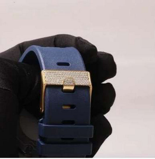 Full Iced Out Yellow & White Gold Plated Moissanite Diamond Men Watch, Silicon Blue Band All Chronology Working 42mm Men Watch