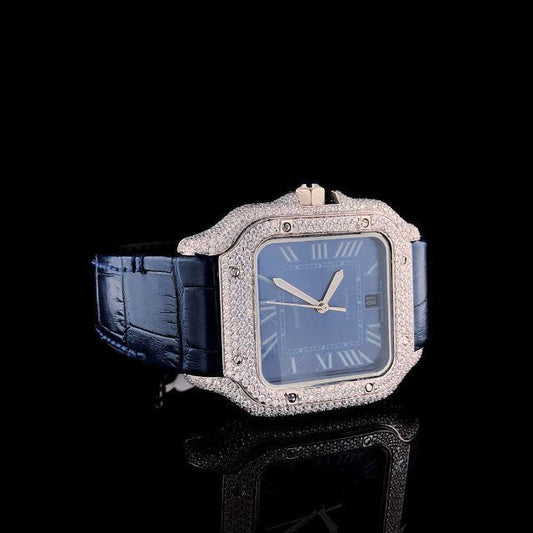 Cartier Santos Moissanite Diamond Full Iced Out Men Watch, Stainless Steel Yellow Gold Plated Men Watch