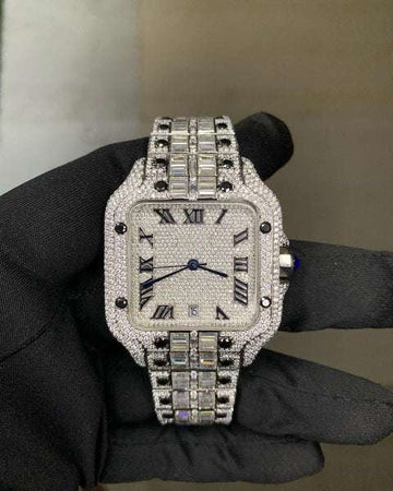 Cartier Santos Round & Baguette VVS Iced Out Diamond Men Watch, Stainless Steel White Gold Plated Men Watch For Birthday Gift