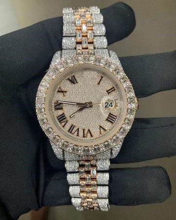 Baguette VVS Diamond Men Watch, Rose 40mm Dial White & Rose Gold Plated Stainless Steel Men Watch