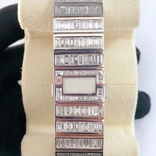 Cartier Skeleton Baguette VVS Diamond Men Watch, Stainless Steel White Gold Plated Men Watch
