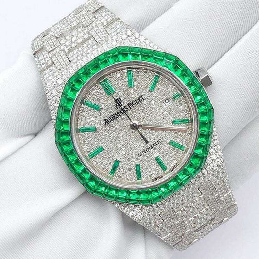 Green Baguette Sapphire & Round VVS Diamond Full Iced Out Watch, Self Winding White Gold Plated Men Wrist Watch,Stainless Steel Diamond Watch For Men