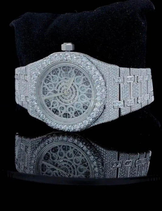 Skeleton Full Iced Out VVS Diamond Men Watch, Stainless Steel White Gold Plated Swiss Made Swiss Movement 42mm Men Diamond Watch