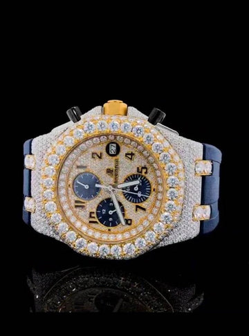 Full Iced Out Yellow & White Gold Plated VVS Diamond Men Watch, Silicon Blue Band All Chronograph Working 42mm Men Watch