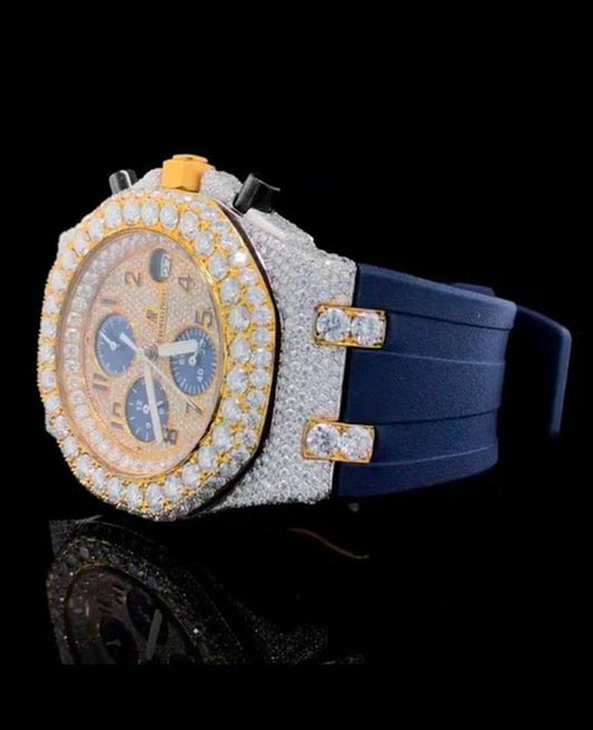 Full Iced Out Yellow & White Gold Plated VVS Diamond Men Watch, Silicon Blue Band All Chronograph Working 42mm Men Watch