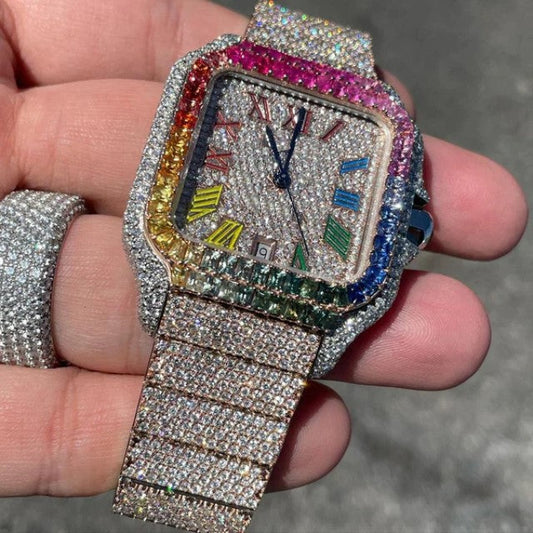 Cartier Santos VVS Diamond Iced Out Men Watch, Stainless Steel 2 Tone Gold Plated Men Watch