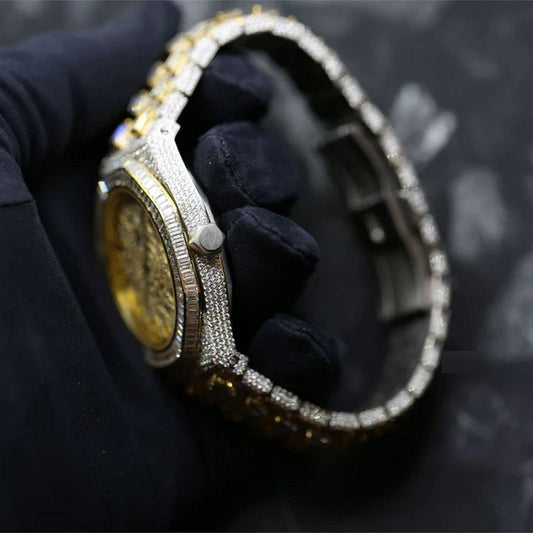 Baguette & Round VVS Diamond Full Iced Out Watch, Stainless Steel Self Winding Diamond Watch For Him, VVS Diamond Watch