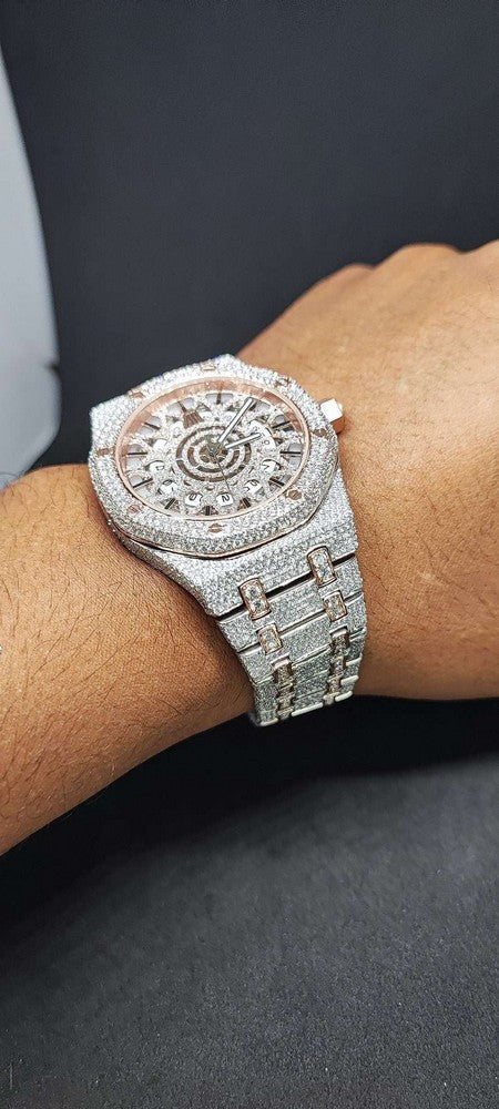 Skeleton Full Iced Out Moissanite Diamond Men Watch, Stainless Steel White Gold Plated Swiss Made Swiss Movement 42mm Men Diamond Watch