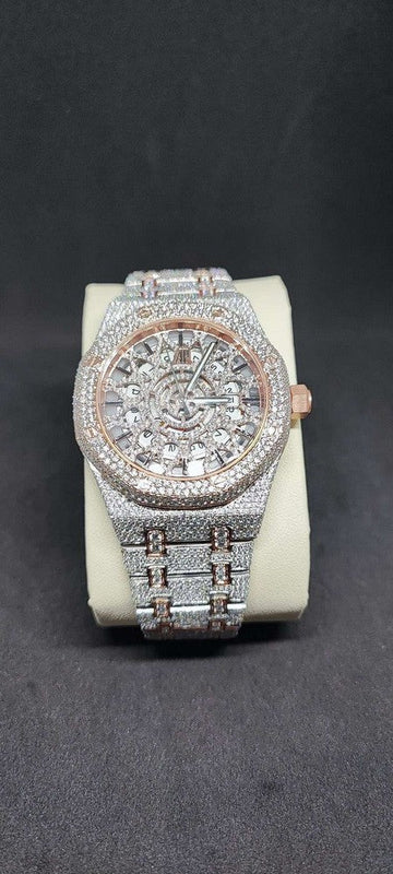 Skeleton Full Iced Out Moissanite Diamond Men Watch, Stainless Steel White Gold Plated Swiss Made Swiss Movement 42mm Men Diamond Watch